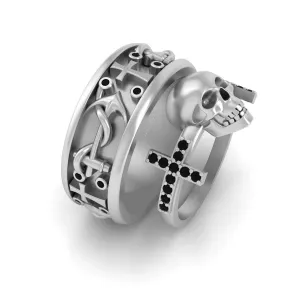 Black Diamond Holy Cross and Skull Engagement Ring Rope Anchor Nautical Wedding Band Set Matching Couple Rings 925 Silver