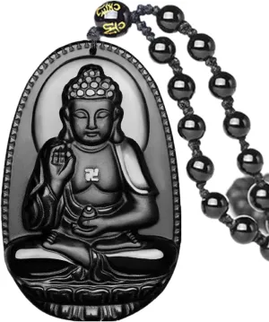 Black Obsidian Necklace Lucky Amulet Protection Pendant with Extended Bead Chain Black Crystal Talisman Necklace Jewelry Gift for Men Women