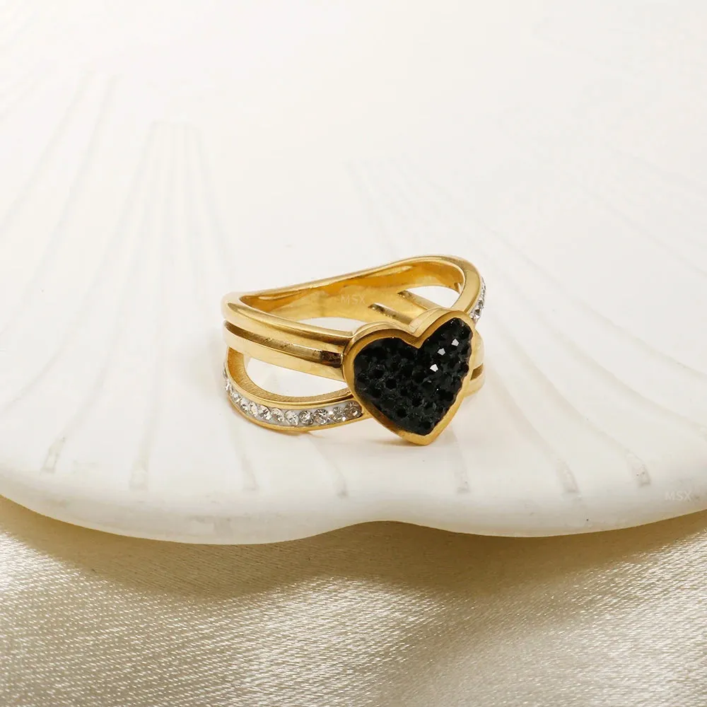 Black Peach Heart Ring Cross Full Stone Crystal Inlay