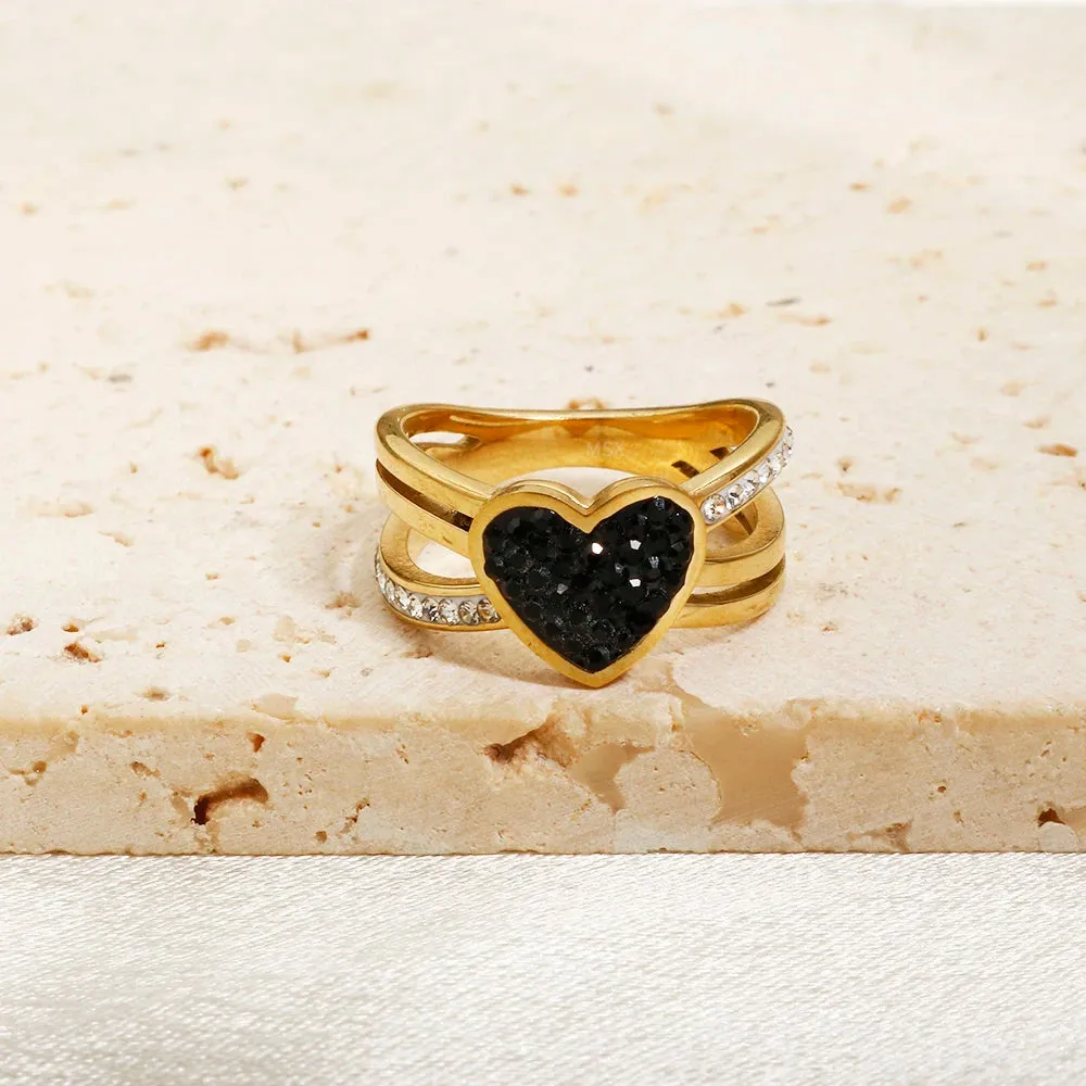 Black Peach Heart Ring Cross Full Stone Crystal Inlay