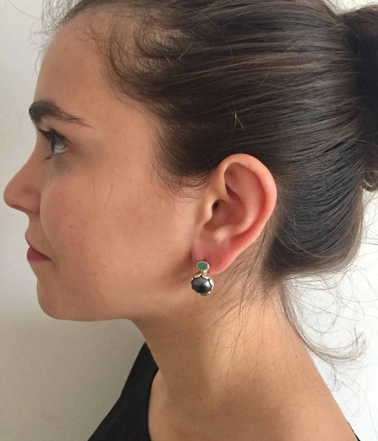 Black Pearl Earrings - Chrysoprase Earrings - Vintage Drop Earrings