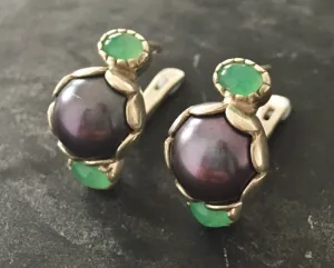 Black Pearl Earrings - Chrysoprase Earrings - Vintage Drop Earrings