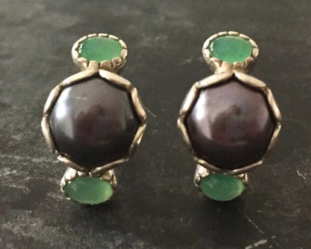 Black Pearl Earrings - Chrysoprase Earrings - Vintage Drop Earrings