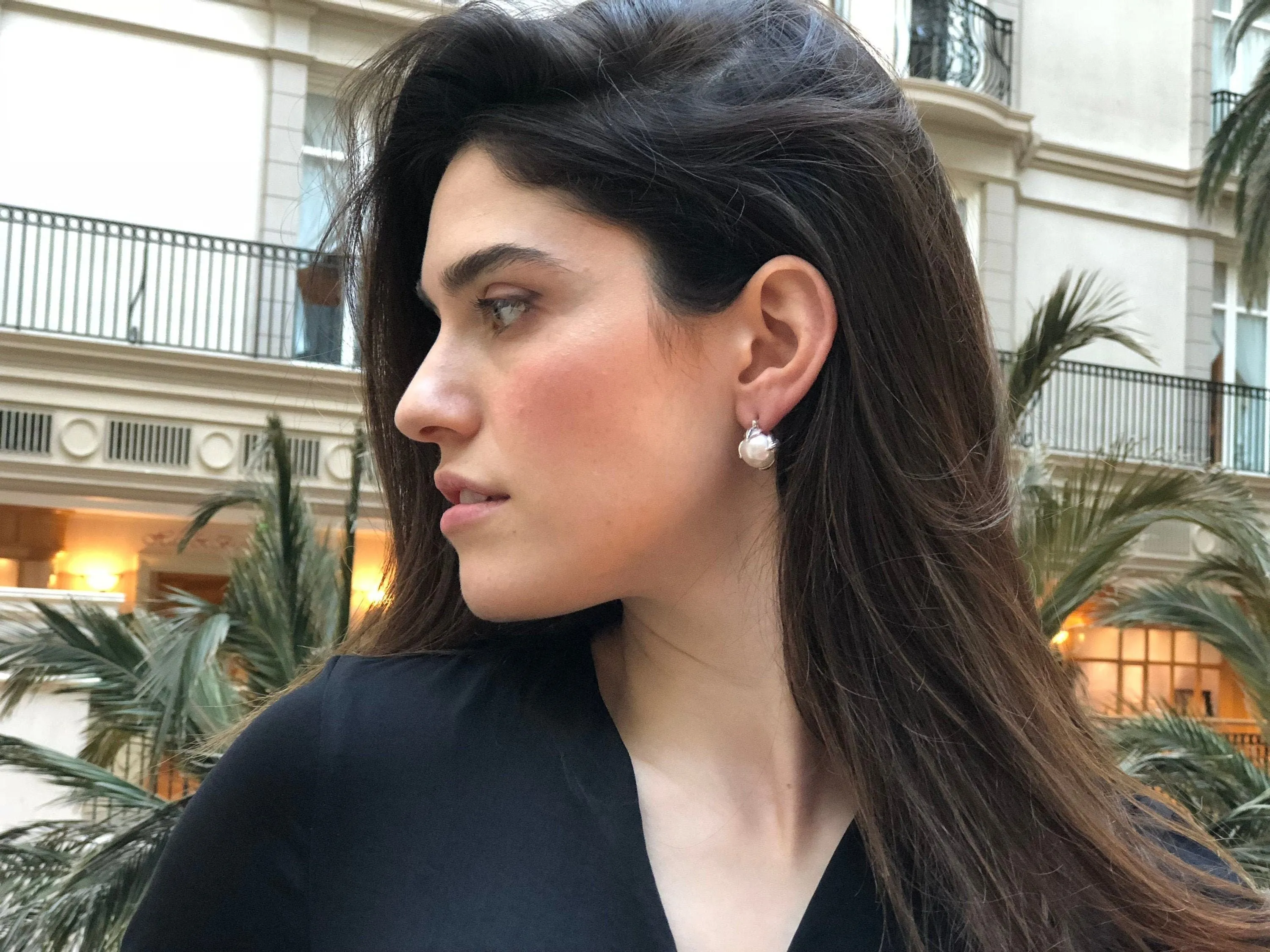 Black Pearl Earrings - Natural Black Pearl, Gold Leaf Earrings