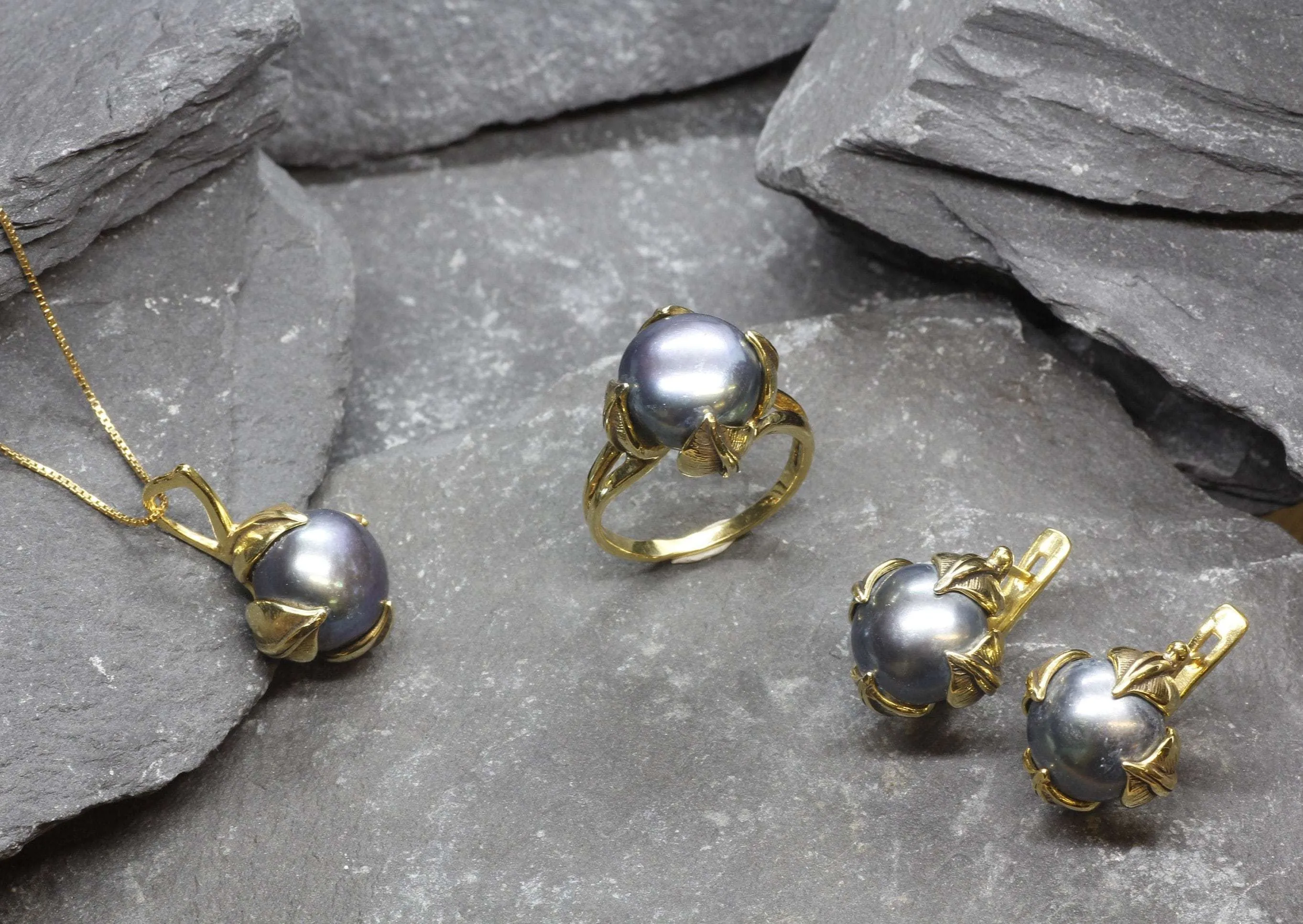 Black Pearl Earrings - Natural Black Pearl, Gold Leaf Earrings