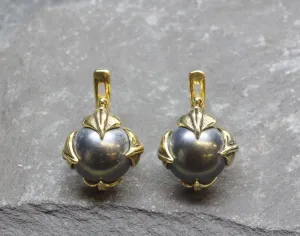 Black Pearl Earrings - Natural Black Pearl, Gold Leaf Earrings