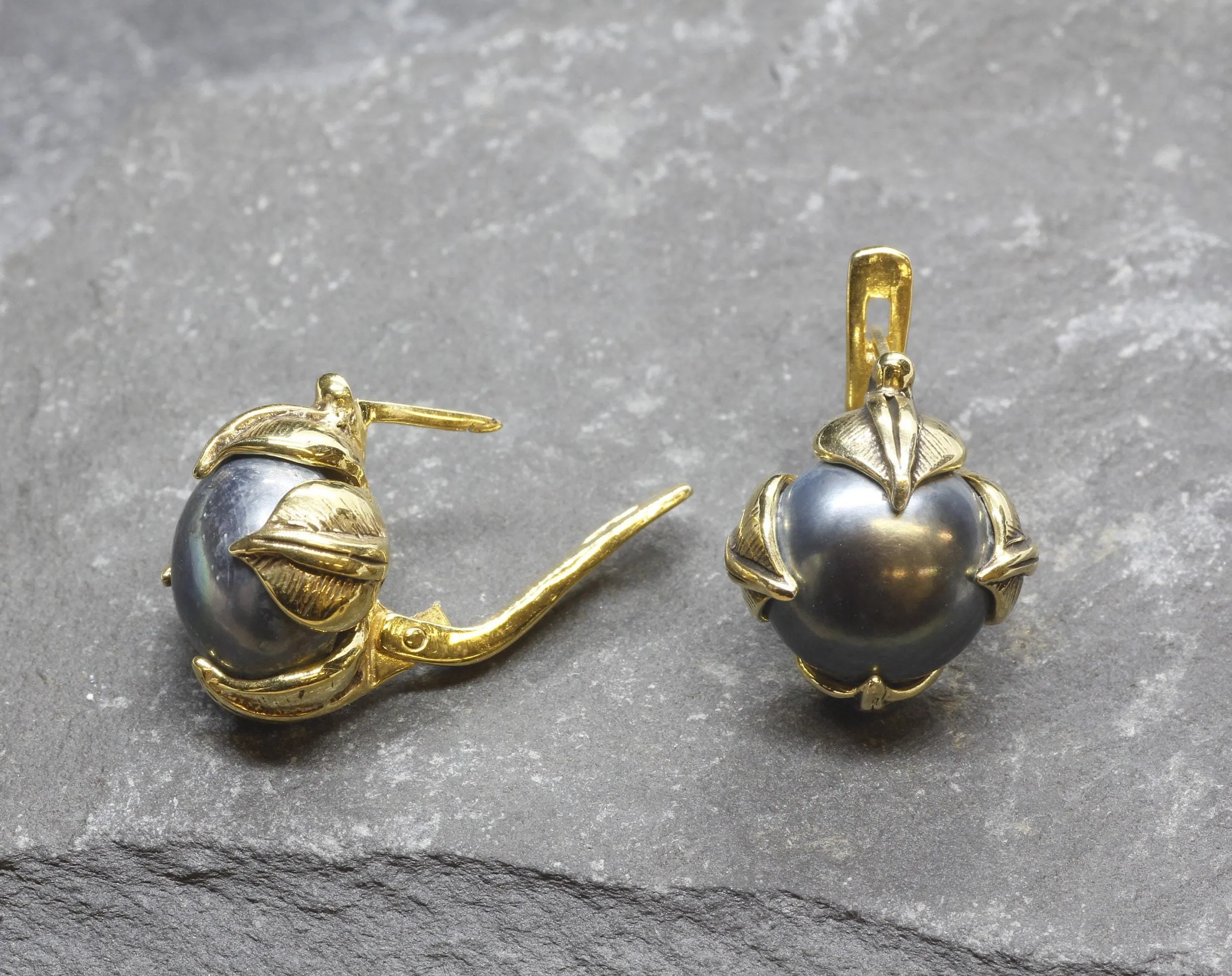 Black Pearl Earrings - Natural Black Pearl, Gold Leaf Earrings