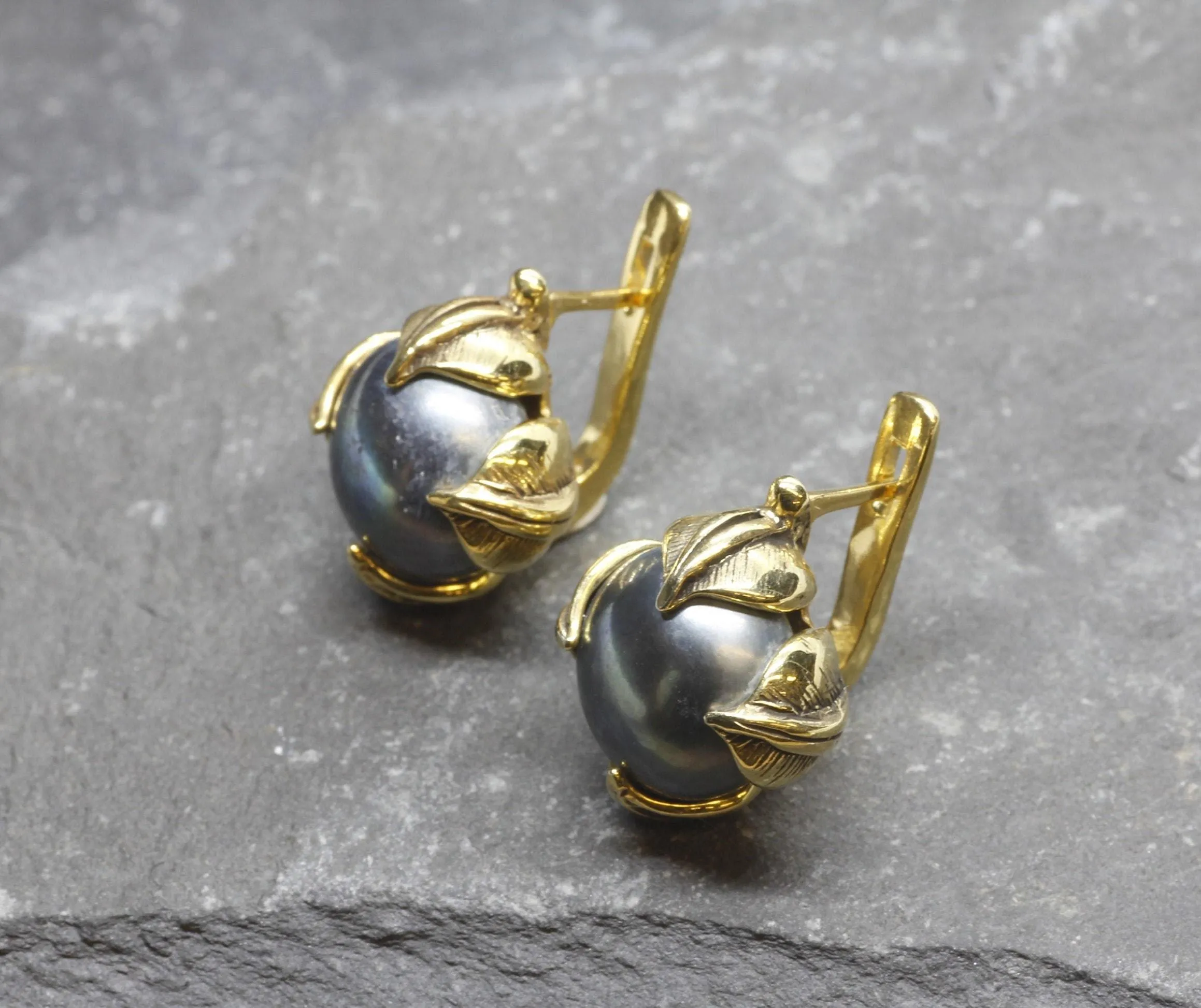 Black Pearl Earrings - Natural Black Pearl, Gold Leaf Earrings