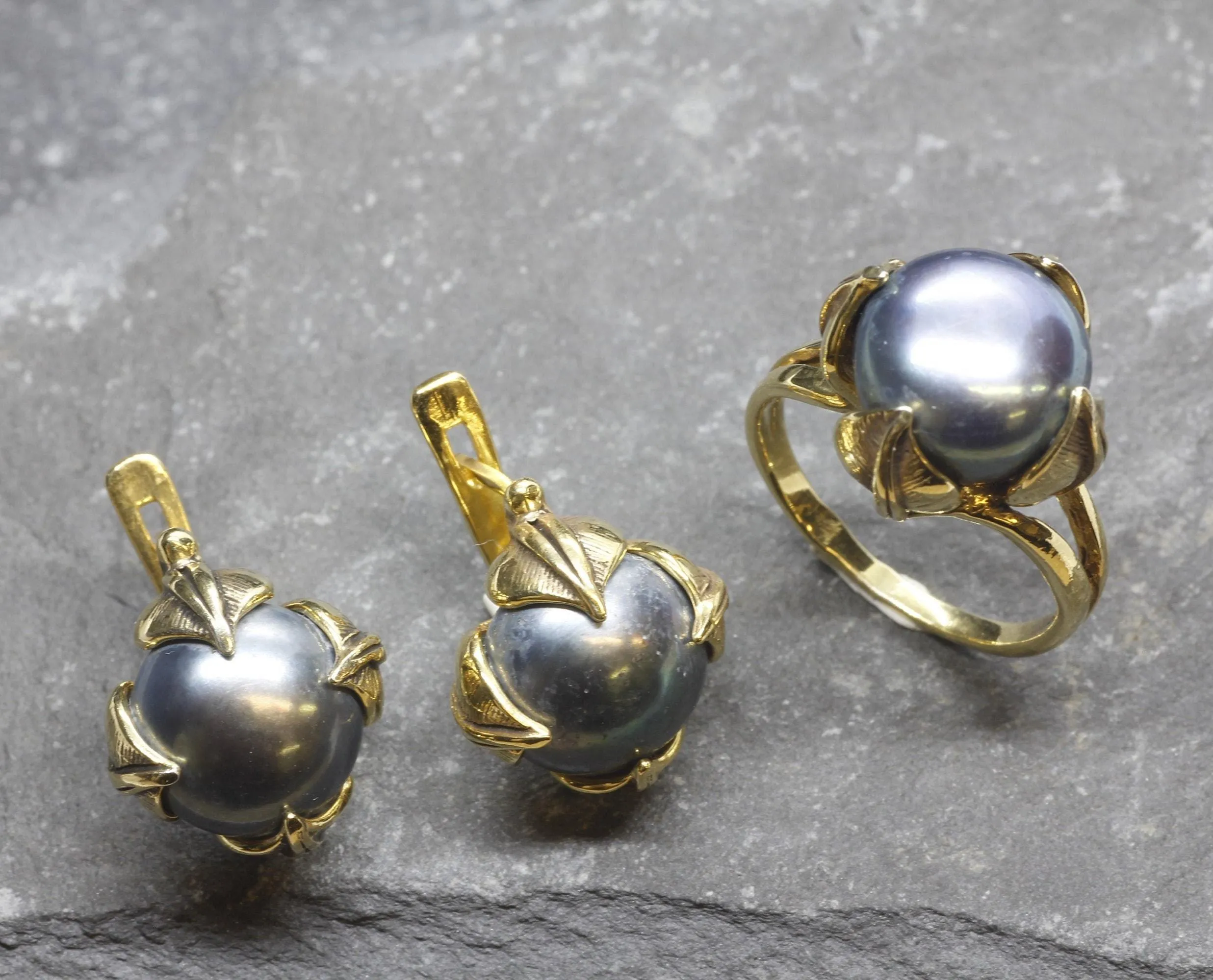 Black Pearl Earrings - Natural Black Pearl, Gold Leaf Earrings