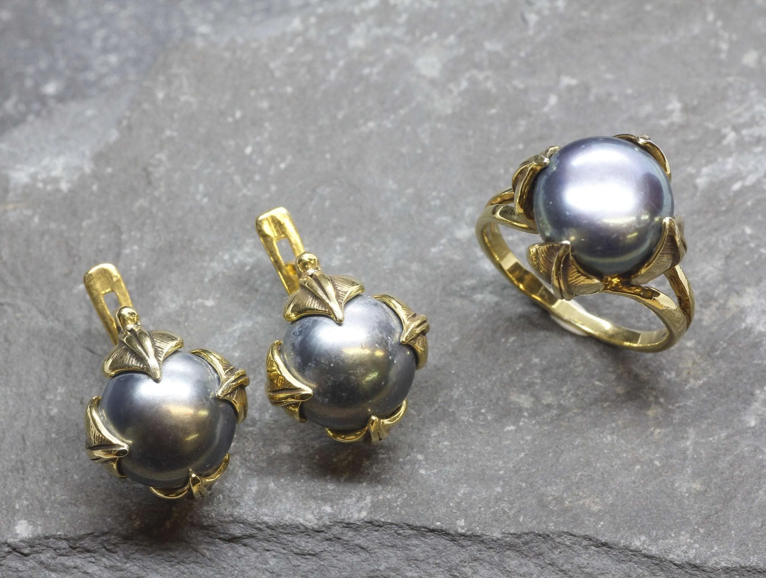 Black Pearl Earrings - Natural Black Pearl, Gold Leaf Earrings