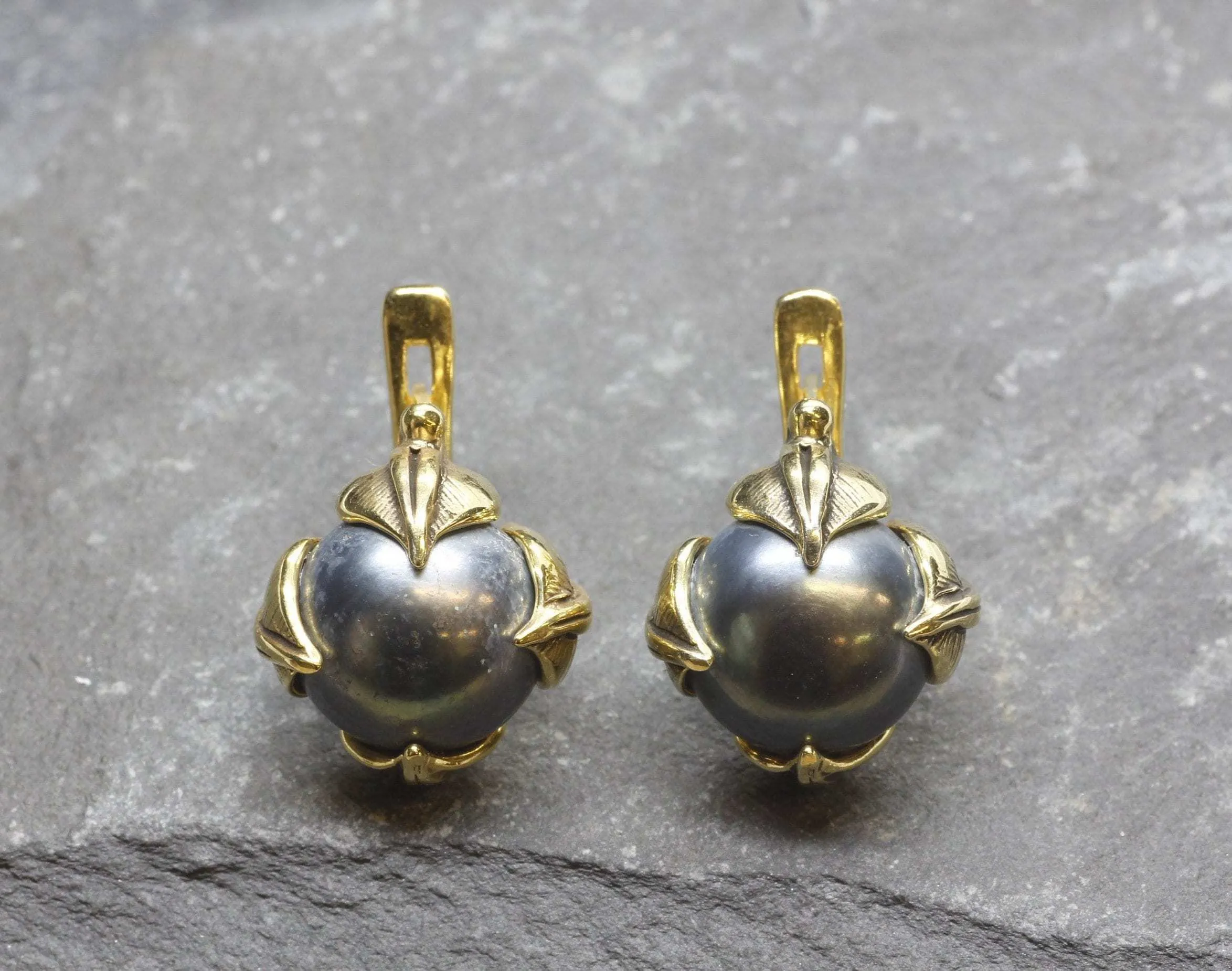 Black Pearl Earrings - Natural Black Pearl, Gold Leaf Earrings