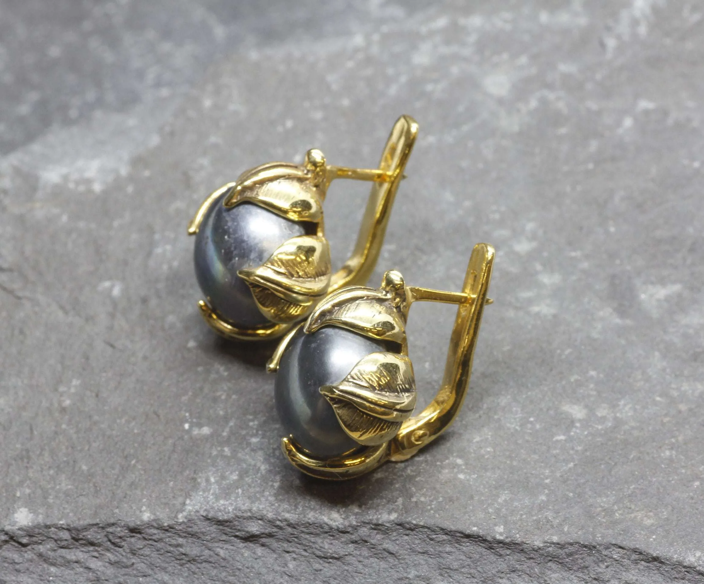Black Pearl Earrings - Natural Black Pearl, Gold Leaf Earrings