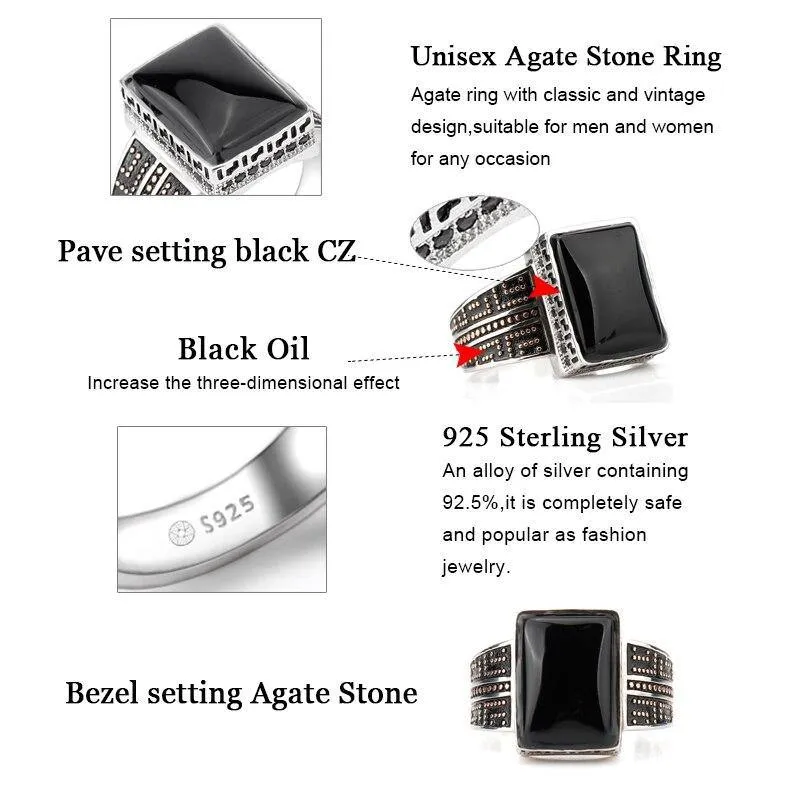 Black Rectangle Agate Stone Mature Charm Ring