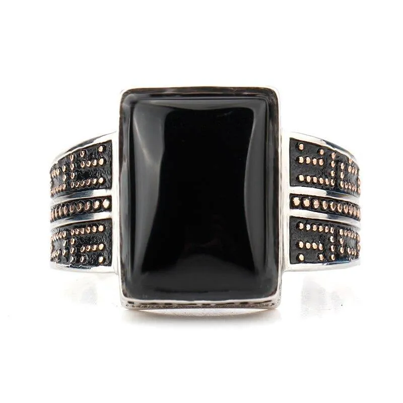 Black Rectangle Agate Stone Mature Charm Ring