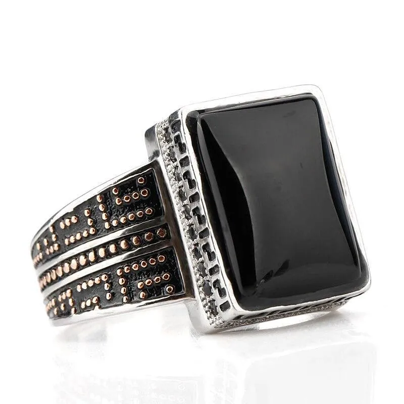 Black Rectangle Agate Stone Mature Charm Ring