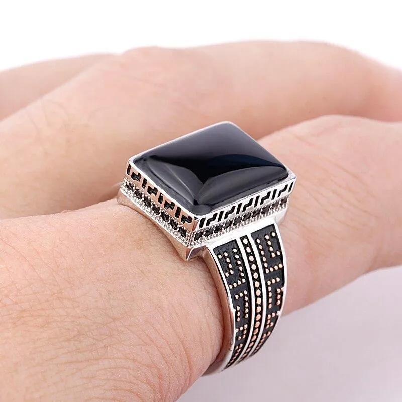 Black Rectangle Agate Stone Mature Charm Ring