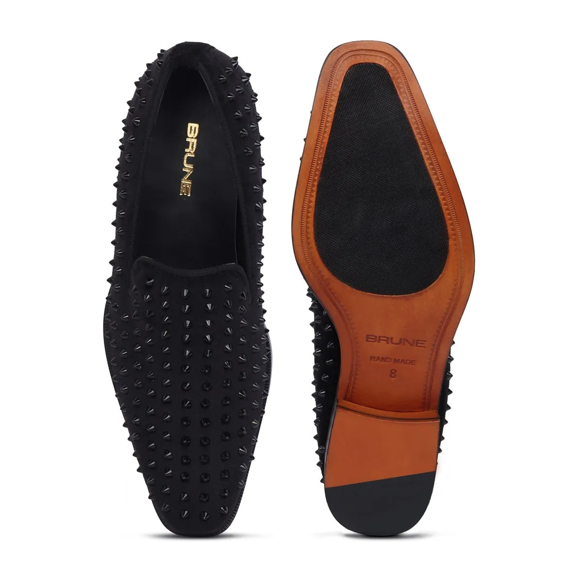 Black Studded Sleek Toe Italian Velvet Loafer For Men by Brune & Bareskin