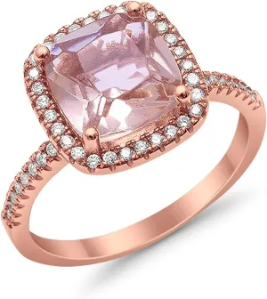 Blue Apple Co. Sterling Silver Halo Solitaire Ring Rose Tone Cushion Cut Simulated Morganite Clear Cubic Zirconia accent, Size - 6