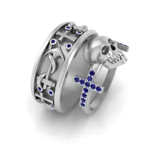 Blue Diamond Gothic Skull Nautical Anchor Holy Cross Matching Wedding Ring Band Set For Couple Solid 925 Sterling Silver