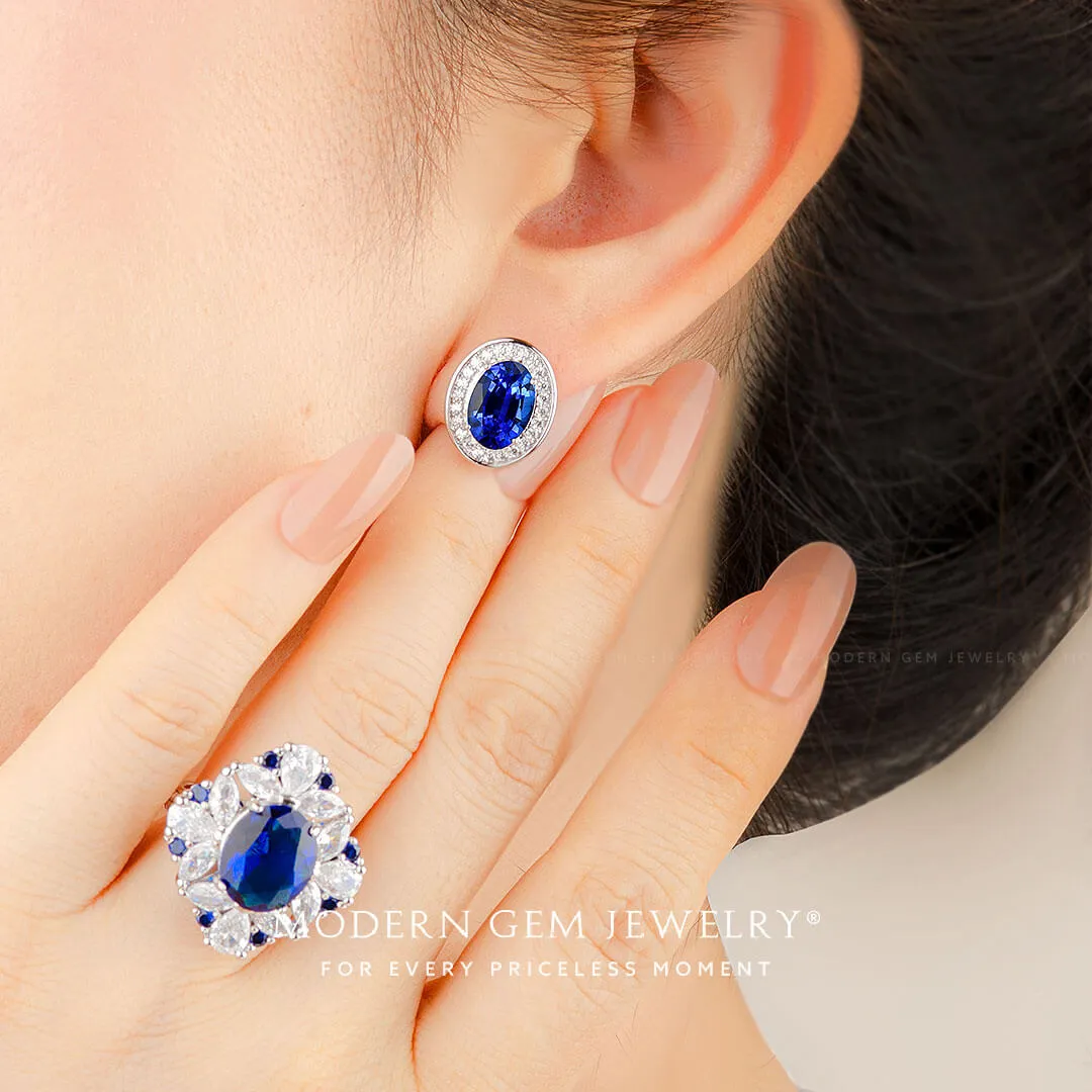Blue Sapphire Stud Earrings in 18K White Gold