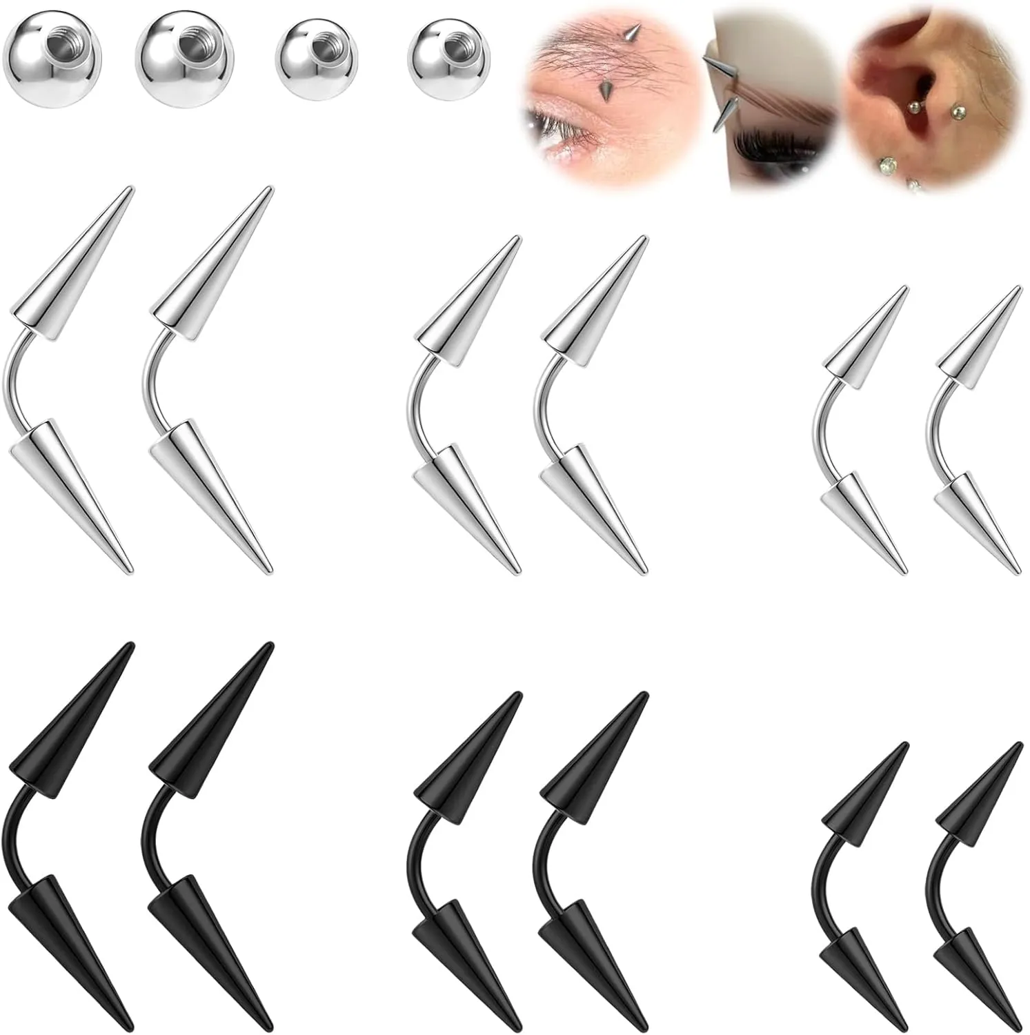 BodyAce 16G Spike Eyebrow Piercing Jewelry, Curved Barbell Eyebrow Tragus Lip Rings with Balls, Black Spike Earrings Rook Nose Bridge Ring for Women Men