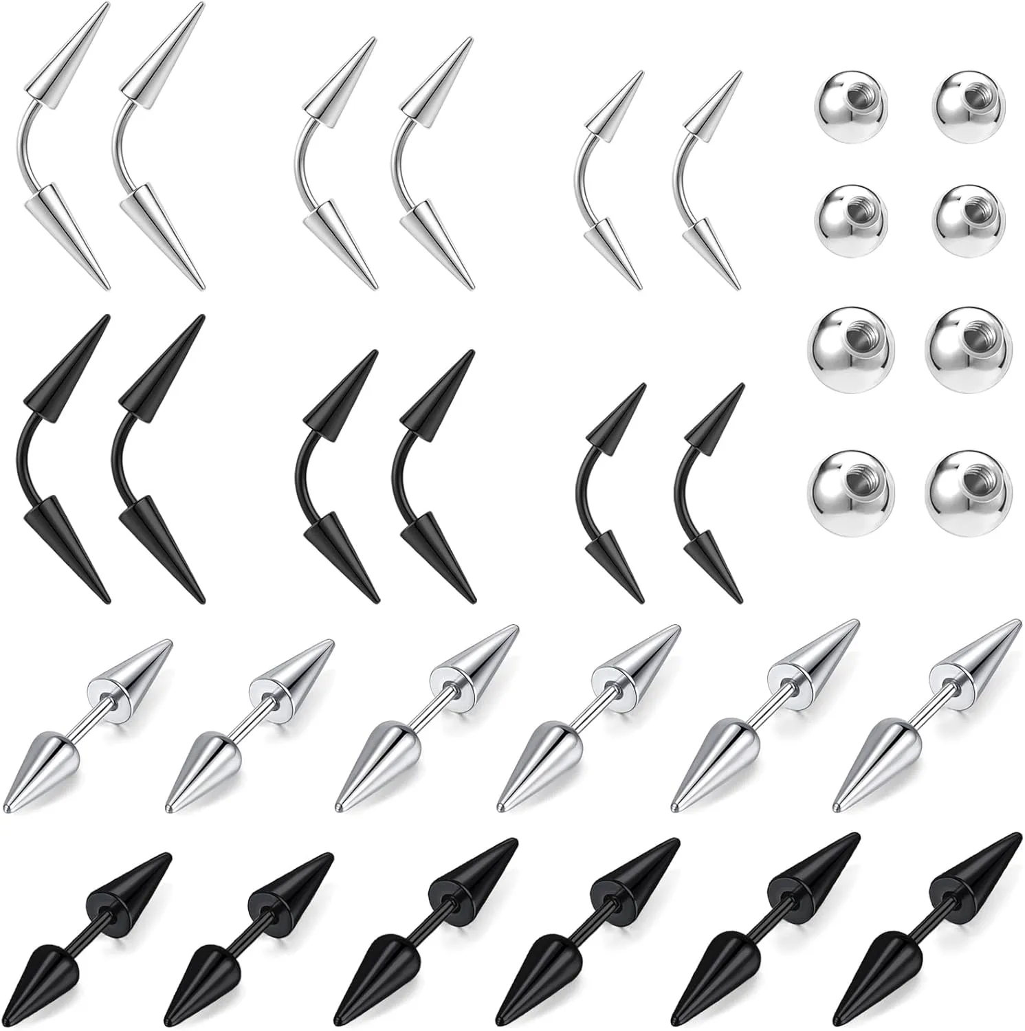 BodyAce 16G Spike Eyebrow Piercing Jewelry, Curved/Straight Barbell Eyebrow Tragus Lip Rings with Balls, Spike Earrings Black Rook Nose Bridge Ring