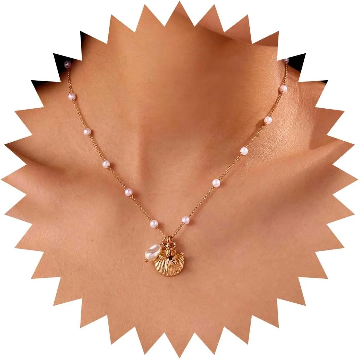 Boho Shell Pearl Pendant Necklace Gold Starfish Pearl Necklaces Vintage Seashell Cowrie Choker Necklace Adjustable Starfish Cowrie Chain Necklaces Jewelry for Women