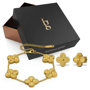 Boxed Golden Clover Bracelet and Earrings Set
