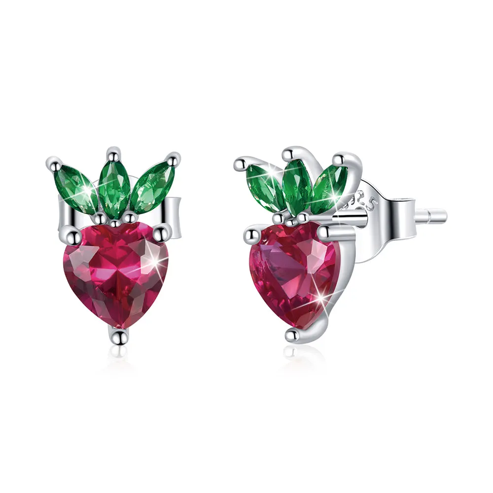 Boxed Solid 925 Signature Silver Cubic Zirconia Strawberry Earrings and Ring Set