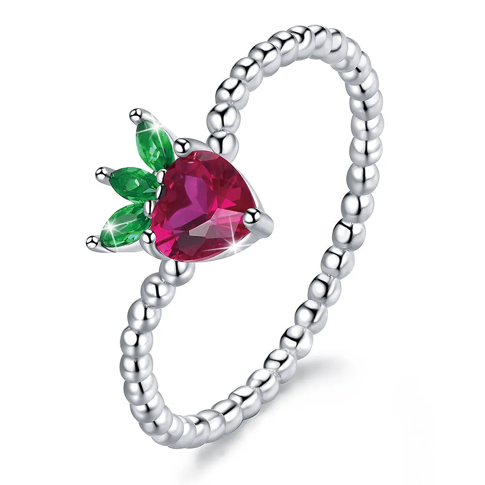 Boxed Solid 925 Signature Silver Cubic Zirconia Strawberry Earrings and Ring Set