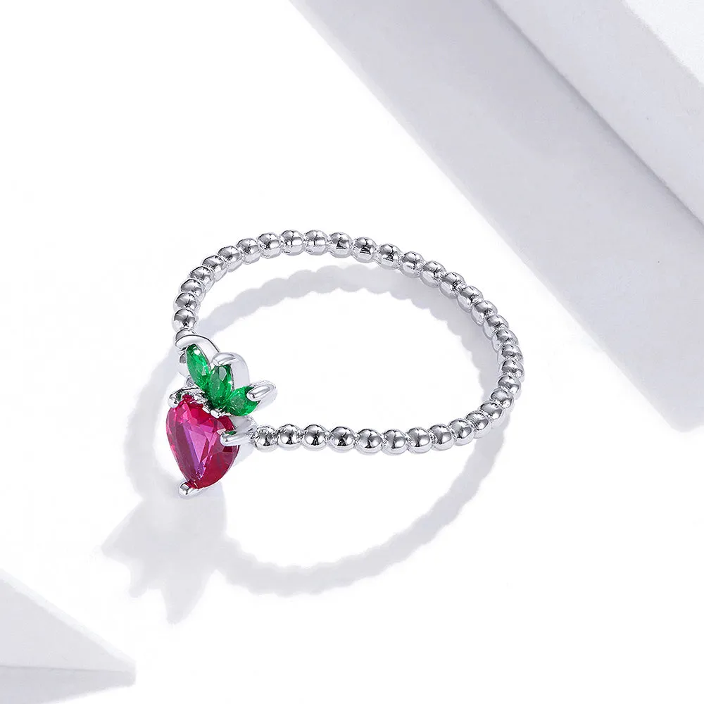 Boxed Solid 925 Signature Silver Cubic Zirconia Strawberry Earrings and Ring Set