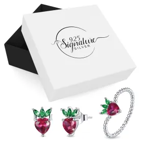 Boxed Solid 925 Signature Silver Cubic Zirconia Strawberry Earrings and Ring Set