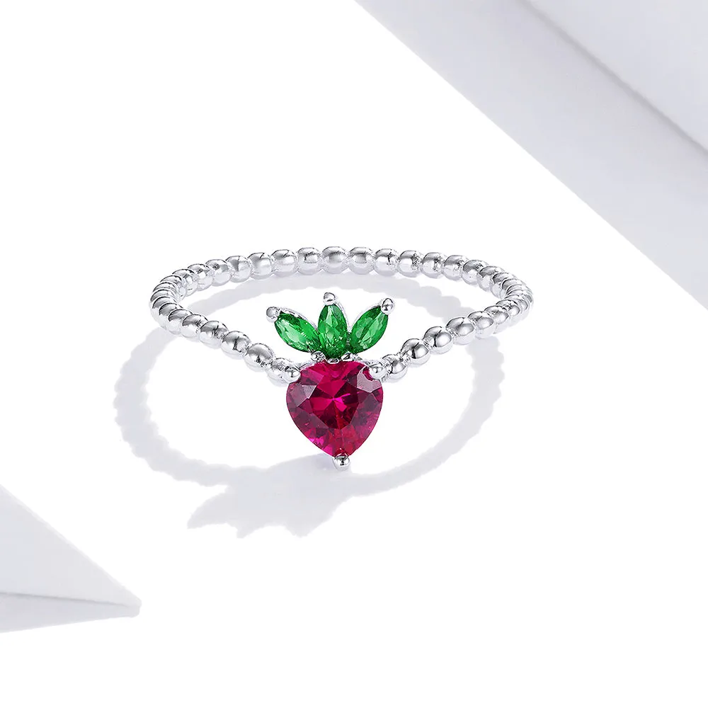 Boxed Solid 925 Signature Silver Cubic Zirconia Strawberry Earrings and Ring Set
