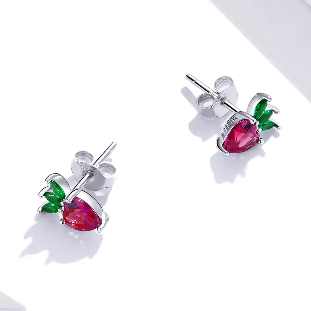 Boxed Solid 925 Signature Silver Cubic Zirconia Strawberry Earrings and Ring Set