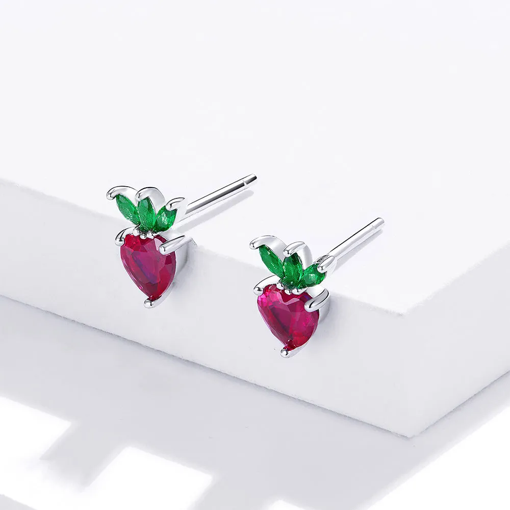 Boxed Solid 925 Signature Silver Cubic Zirconia Strawberry Earrings and Ring Set