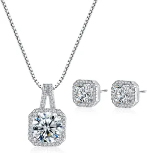 Bride Silver Bridal Necklace Earrings Set Crystal Wedding Jewelry Set Rhinestone Choker Necklace for Women (Silver Plated Copper Earrings Necklace Set Women)