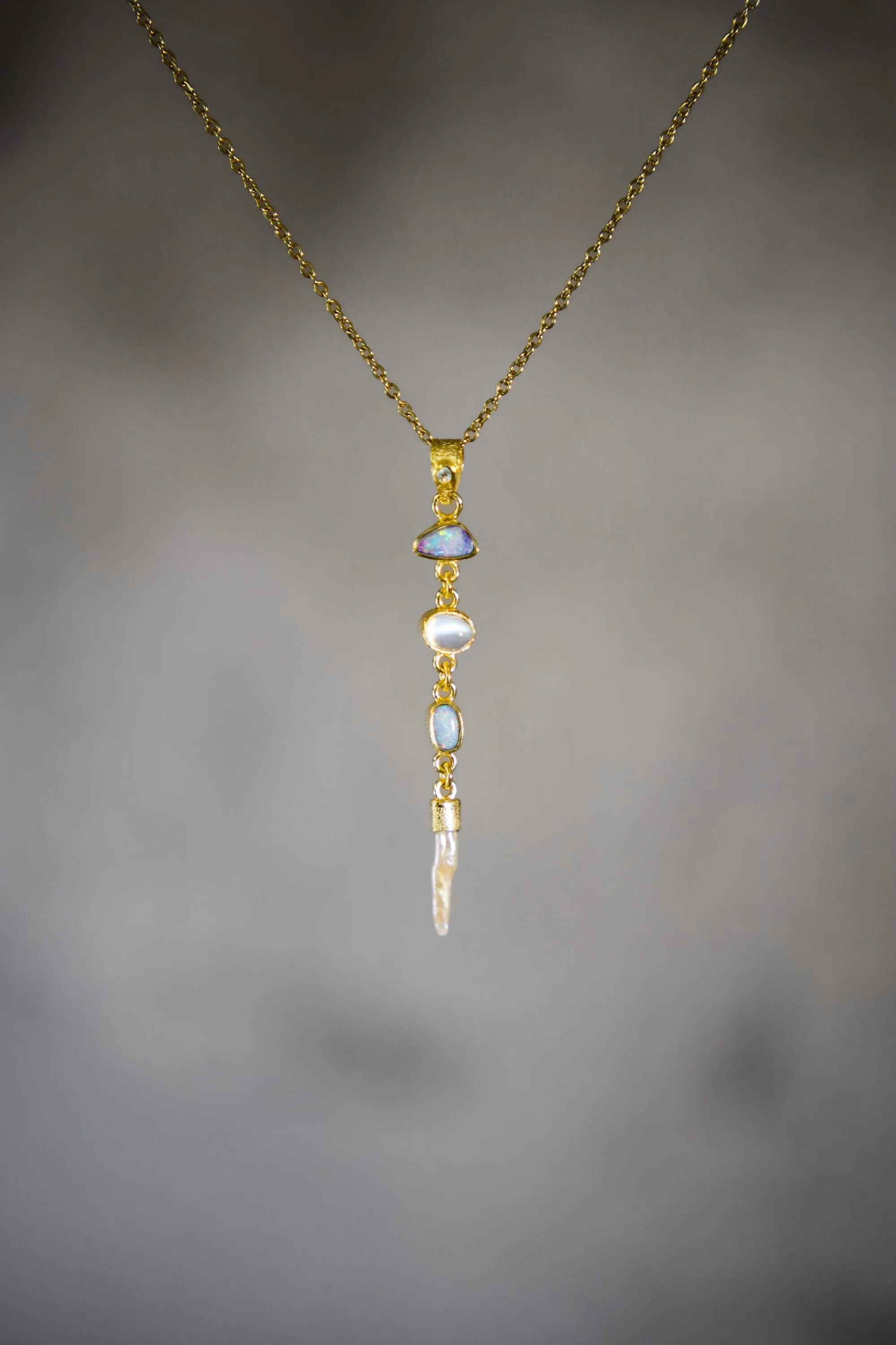 Brilliant Zircon, Australian Opal Doublet, Blue Moonstone & South Sea Pearl Pendant, Textured, 18k Gold-Plated Sterling Silver, Unique Gift
