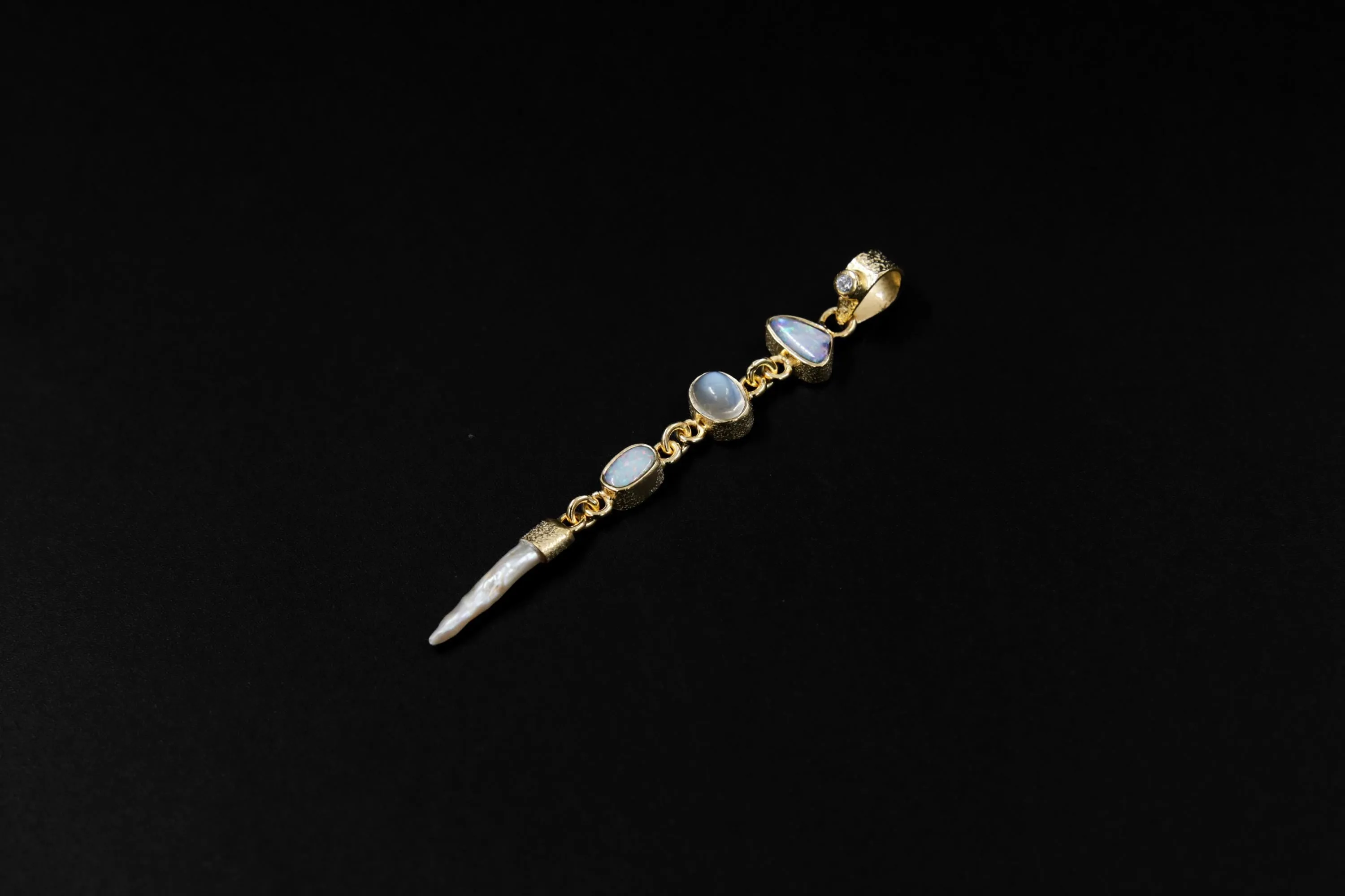 Brilliant Zircon, Australian Opal Doublet, Blue Moonstone & South Sea Pearl Pendant, Textured, 18k Gold-Plated Sterling Silver, Unique Gift