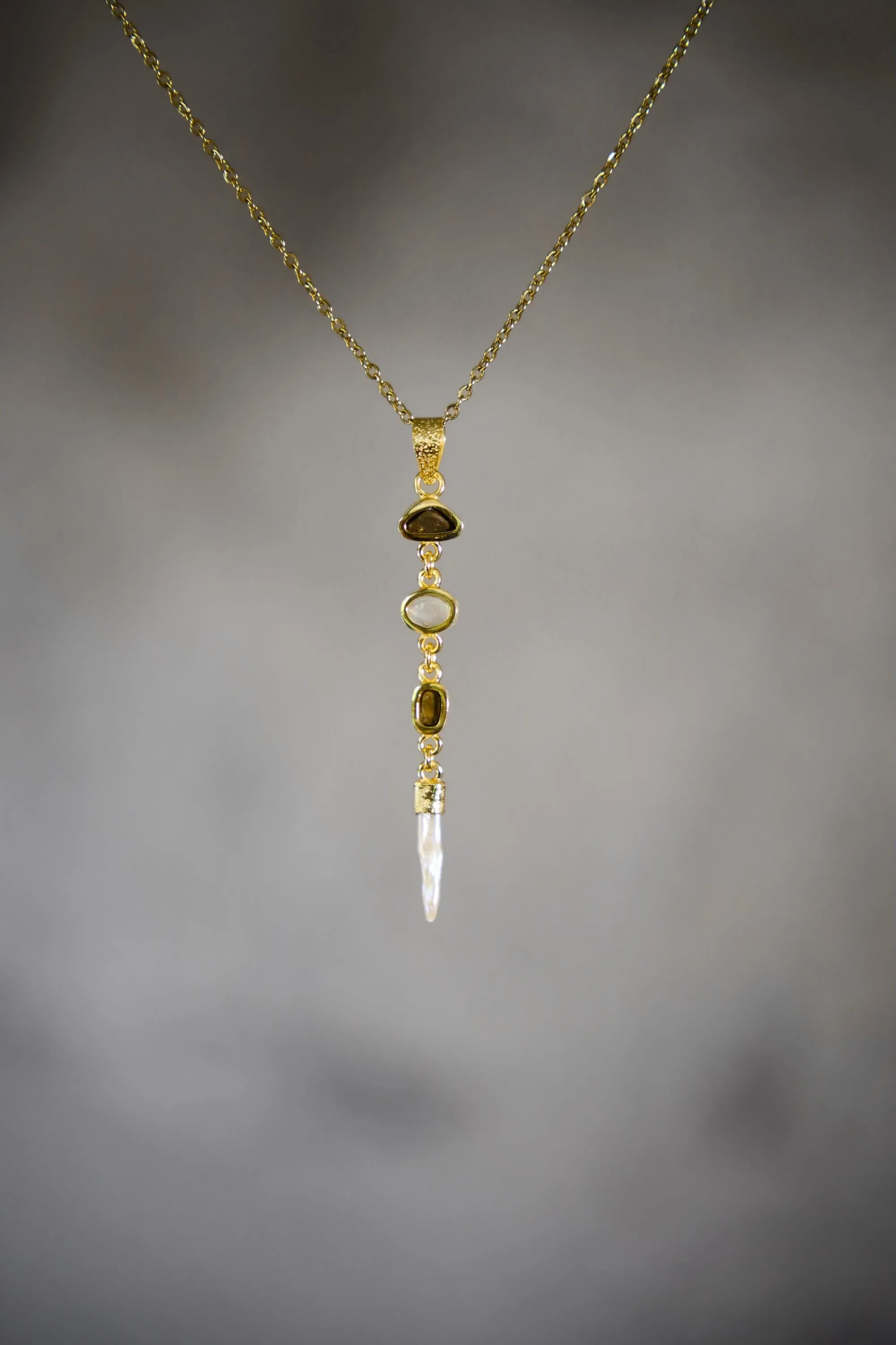 Brilliant Zircon, Australian Opal Doublet, Blue Moonstone & South Sea Pearl Pendant, Textured, 18k Gold-Plated Sterling Silver, Unique Gift