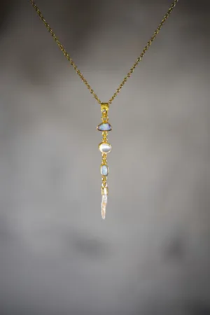 Brilliant Zircon, Australian Opal Doublet, Blue Moonstone & South Sea Pearl Pendant, Textured, 18k Gold-Plated Sterling Silver, Unique Gift