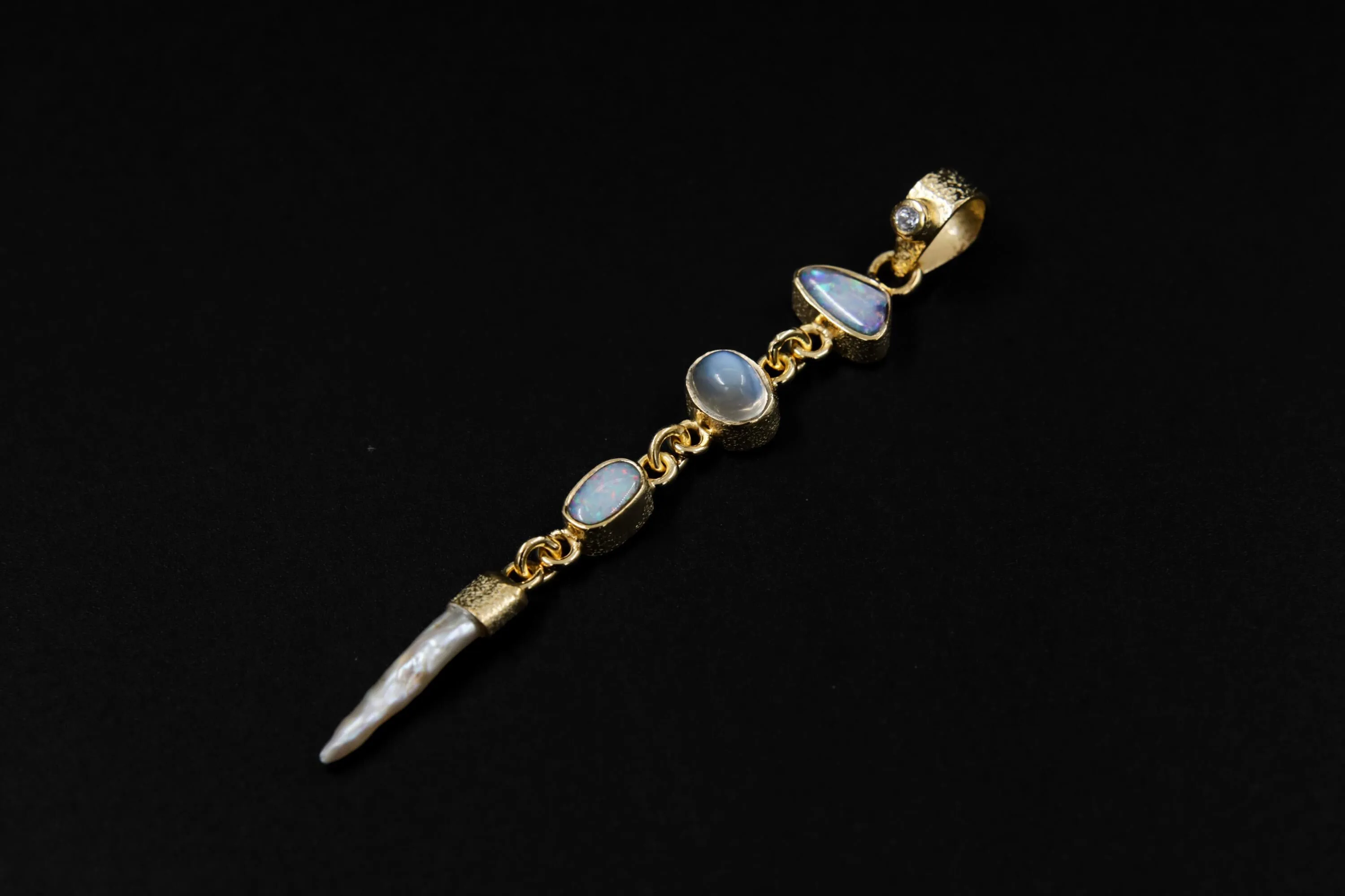 Brilliant Zircon, Australian Opal Doublet, Blue Moonstone & South Sea Pearl Pendant, Textured, 18k Gold-Plated Sterling Silver, Unique Gift