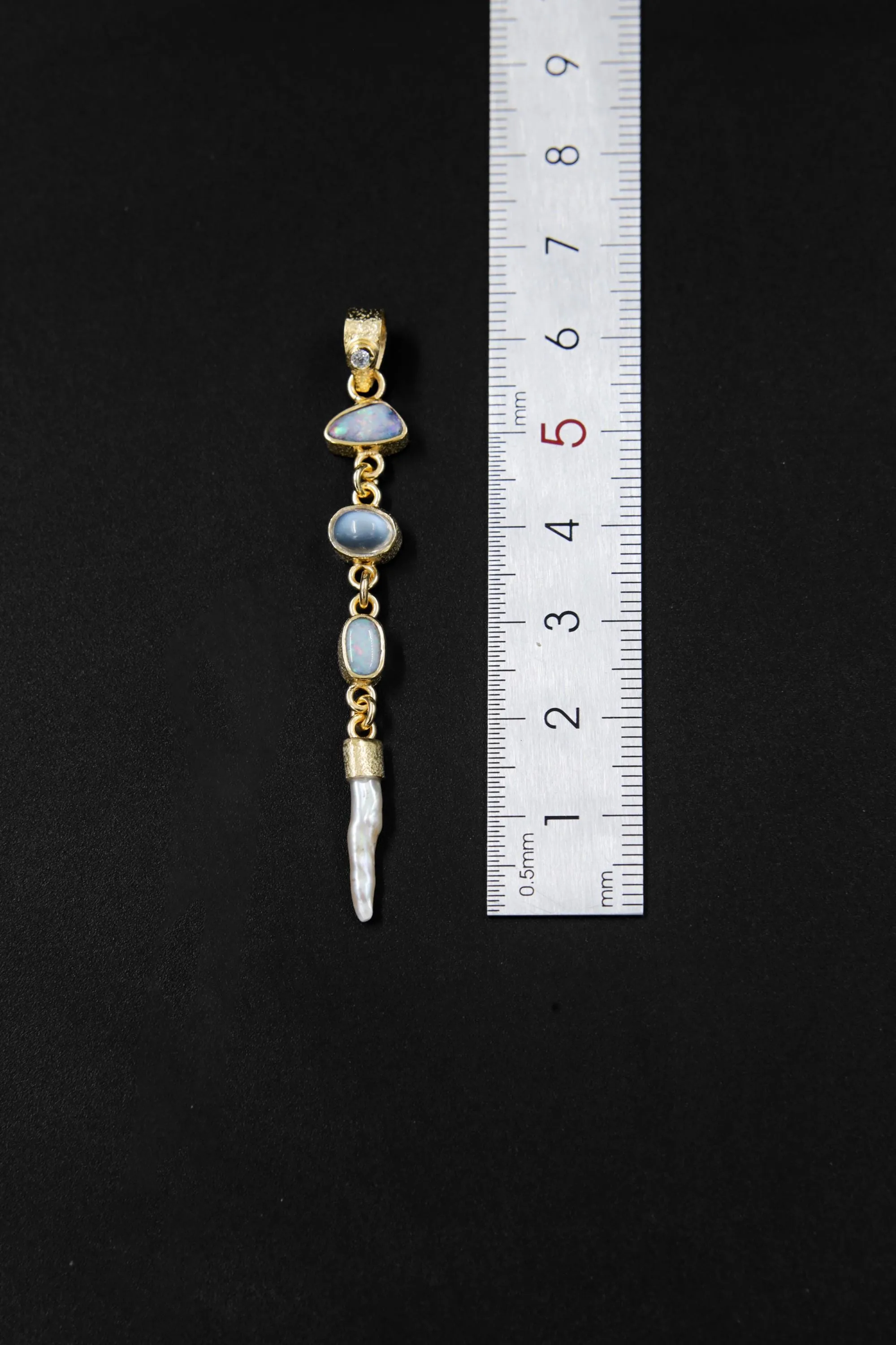 Brilliant Zircon, Australian Opal Doublet, Blue Moonstone & South Sea Pearl Pendant, Textured, 18k Gold-Plated Sterling Silver, Unique Gift