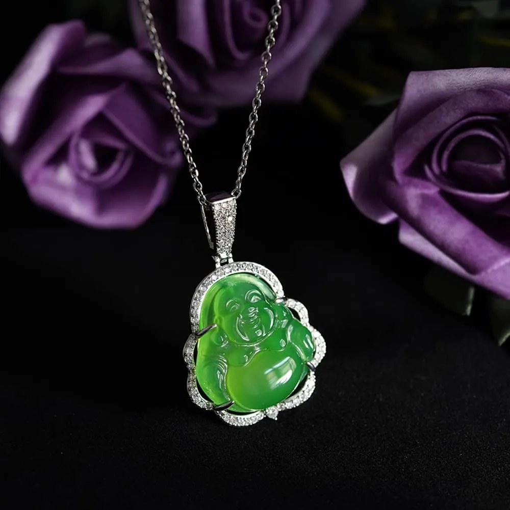 Buddha Necklace Green Jade Laughing Buddha 18K Gold Plated Chain Buddah Necklaces for Women Men Moms Gifts Luxury Jewelry Gifts for Her Him