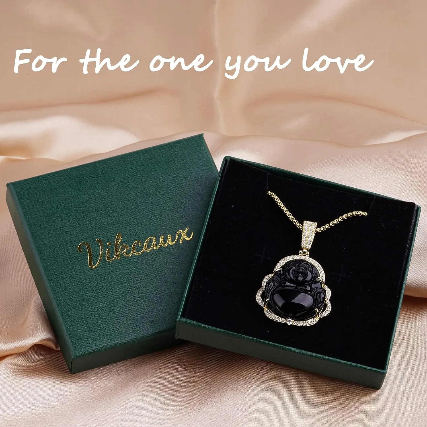 Buddha Necklace Green Jade Lucky Buddha Pendant with 14K Gold Plated Chain Luxury Bling Laughing Buddah Neckless for Women Men