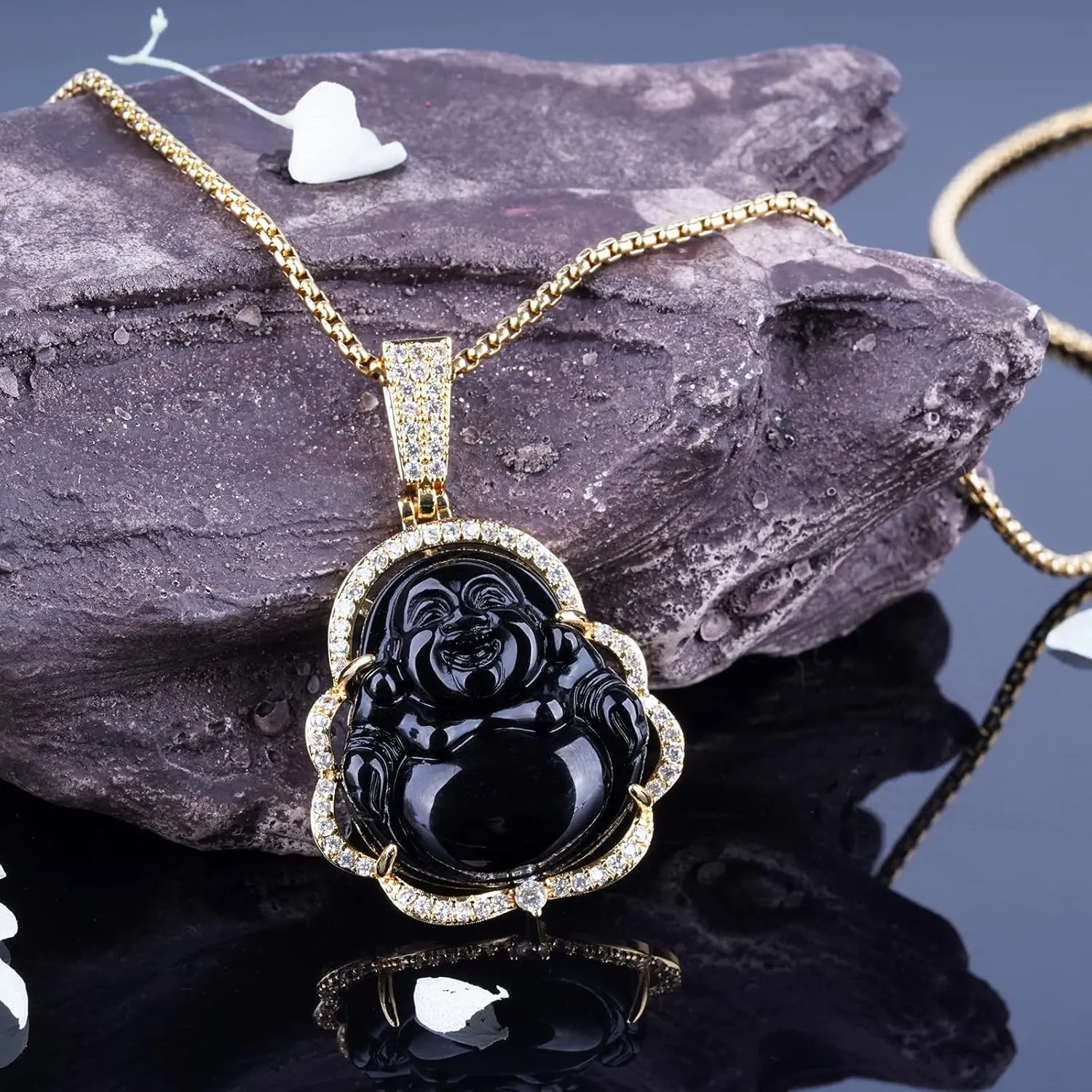 Buddha Necklace Green Jade Lucky Buddha Pendant with 14K Gold Plated Chain Luxury Bling Laughing Buddah Neckless for Women Men