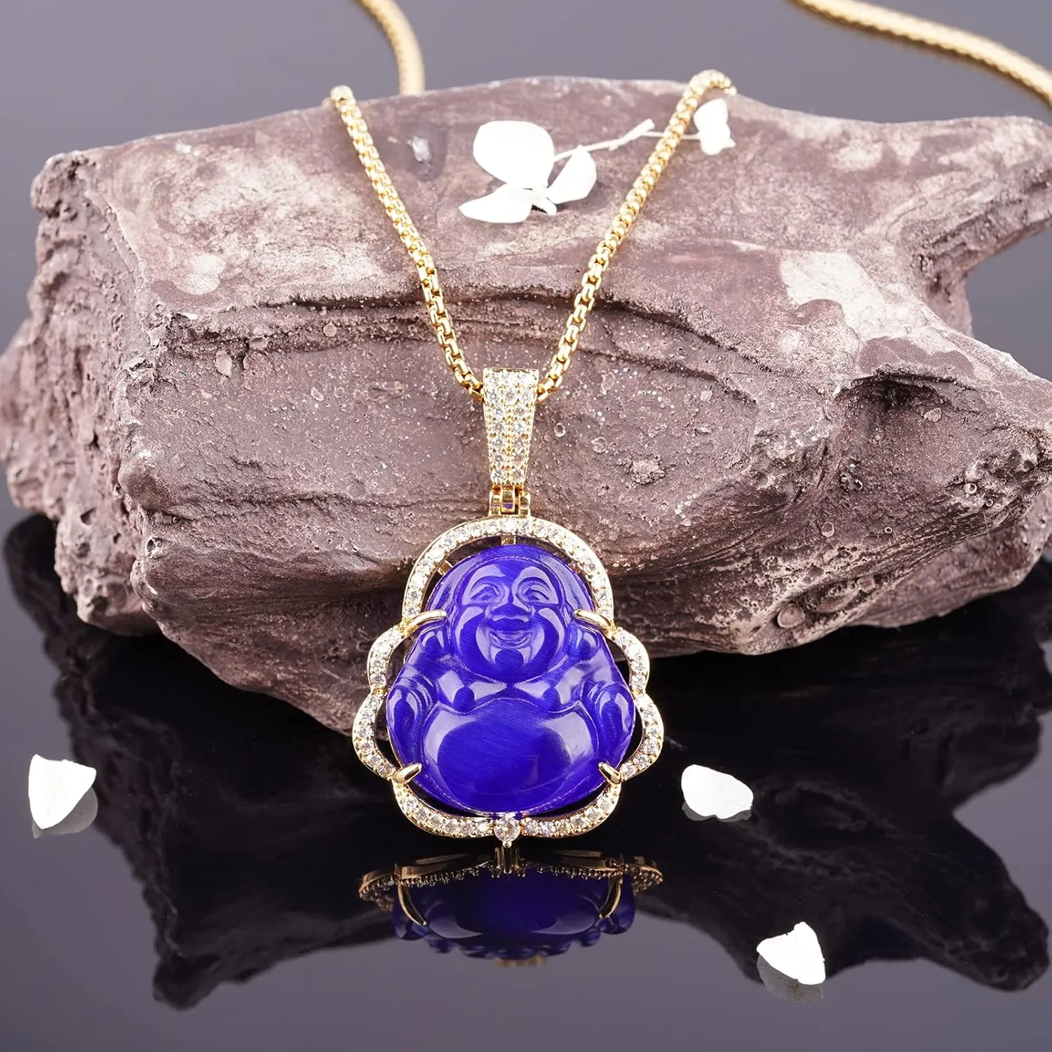Buddha Necklace Green Jade Lucky Buddha Pendant with 14K Gold Plated Chain Luxury Bling Laughing Buddah Neckless for Women Men