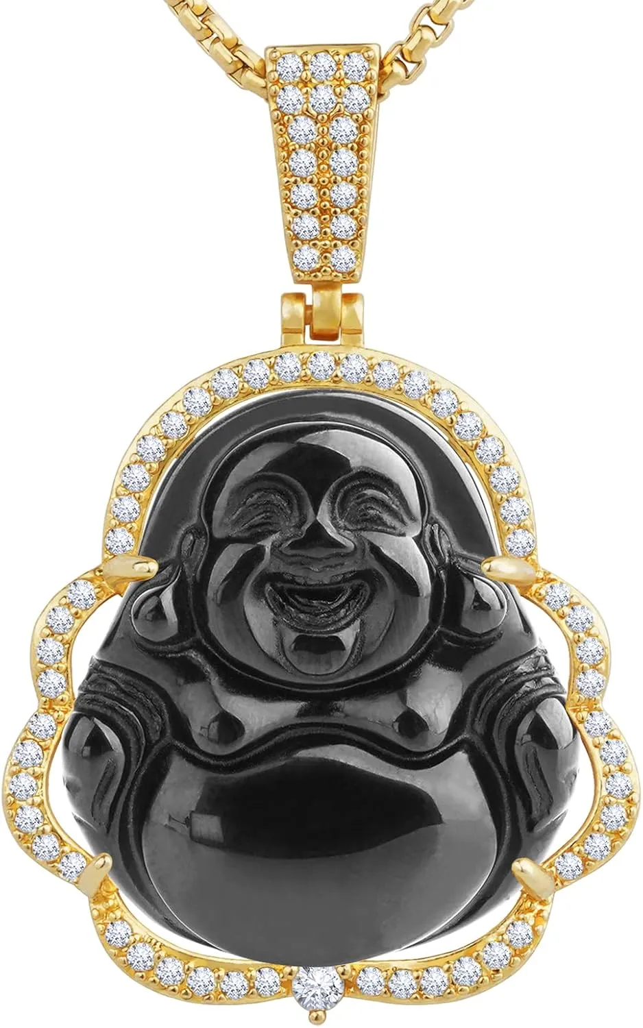 Buddha Necklace Green Jade Lucky Buddha Pendant with 14K Gold Plated Chain Luxury Bling Laughing Buddah Neckless for Women Men