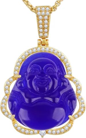 Buddha Necklace Green Jade Lucky Buddha Pendant with 14K Gold Plated Chain Luxury Bling Laughing Buddah Neckless for Women Men