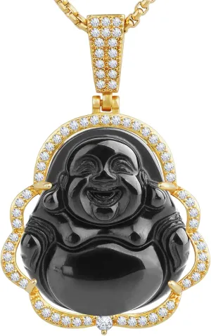 Buddha Necklace Green Jade Lucky Buddha Pendant with 14K Gold Plated Chain Luxury Bling Laughing Buddah Neckless for Women Men