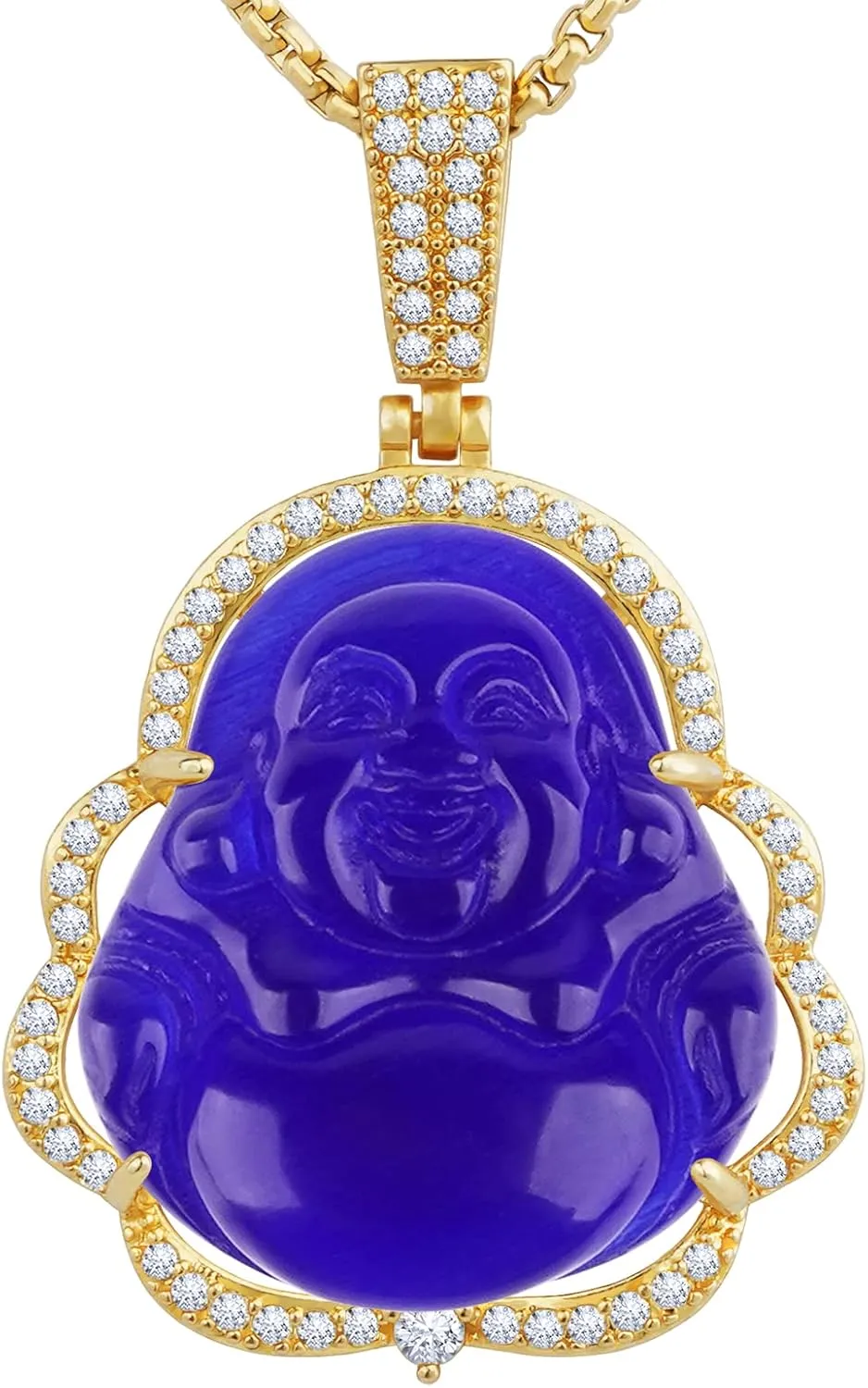 Buddha Necklace Green Jade Lucky Buddha Pendant with 14K Gold Plated Chain Luxury Bling Laughing Buddah Neckless for Women Men